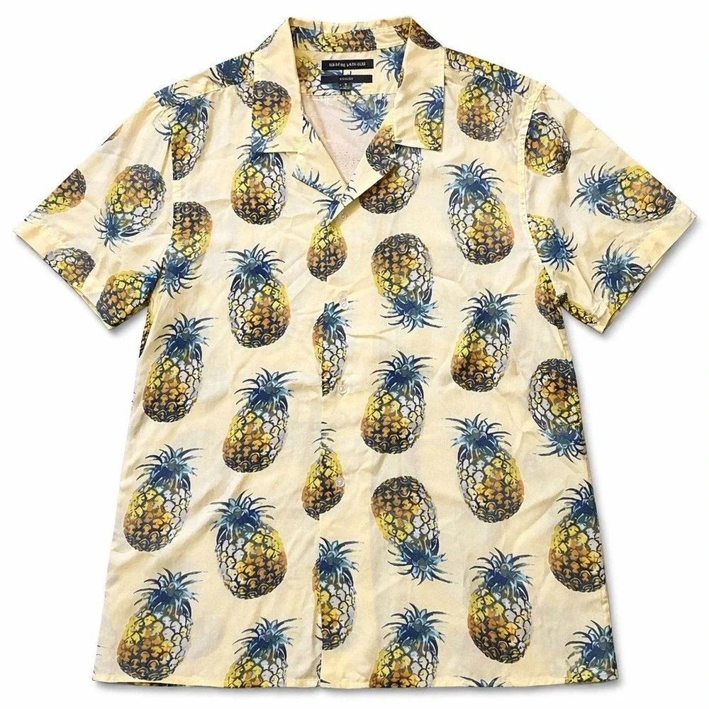 Banana Republic Shirt Mens Large Slim Fit Linen Cotton Floral Tropical Pineapple
